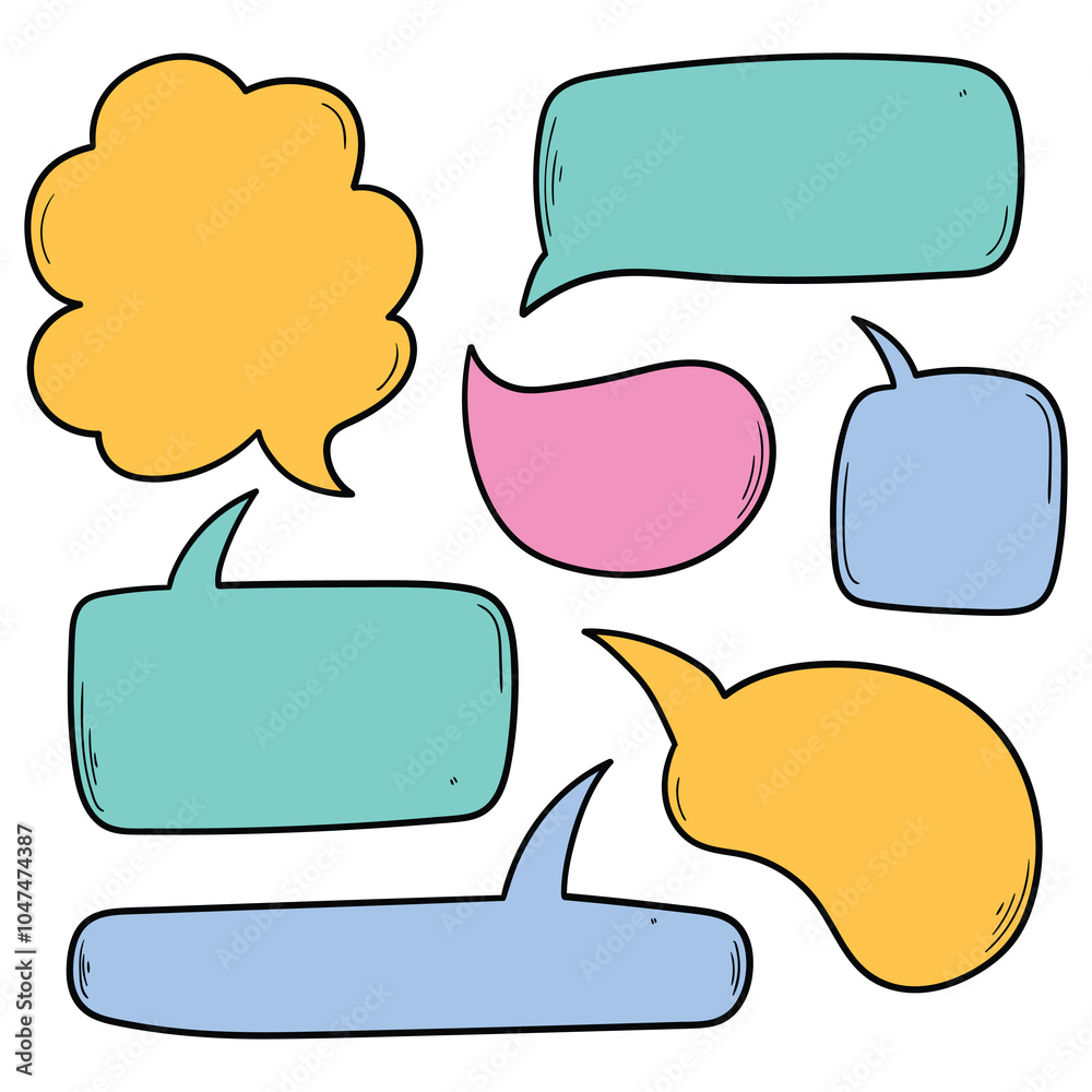 Hand drawn cartoon set of colored speech bubbles with blank space for text on white background.