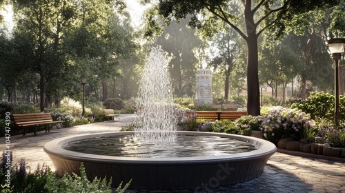 Serene Park Fountain Surrounded by Lush Greenery