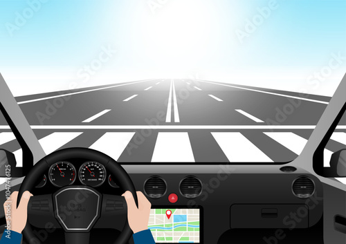 Man Driving Inside a Car. Driver's View from Inside a Car. Car Interior with Steering Wheel and Car Dashboard. Vector Illustration.