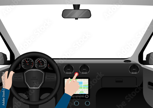 Hand Pressing Emergency Light Button in Car. Car Hazard Light Button. Vector Illustration.