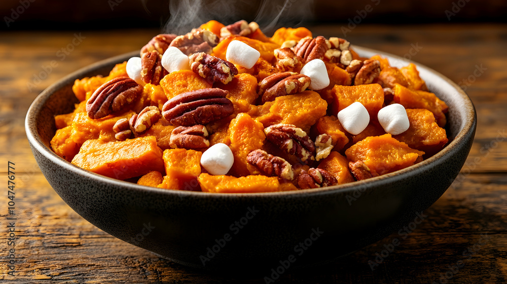 Steaming bowl of sweet potatoes, pecans, and marshmallows. Steaming bowl of sweet potatoes, pecans, and marshmallows.