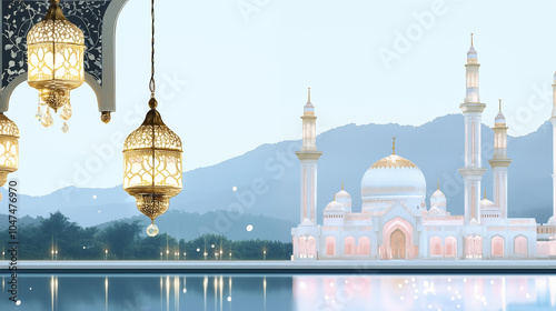 Majestic Mosque by the Water with Mountain Backdrop