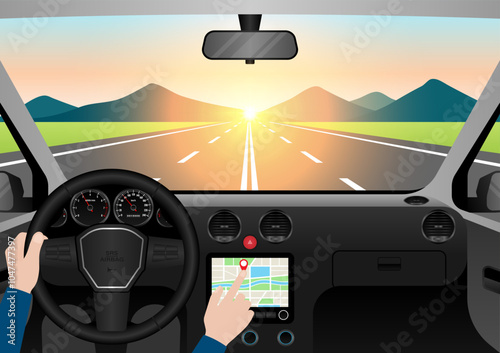 Man Using GPS Navigation System in a Car while Driving. Vector Illustration. 
