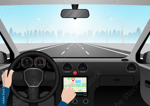 Man Using GPS Navigation System in a Car while Driving. Vector Illustration. 
