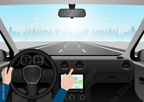 Hand Pressing Emergency Light Button in Car. Car Hazard Light Button. Vector Illustration. 