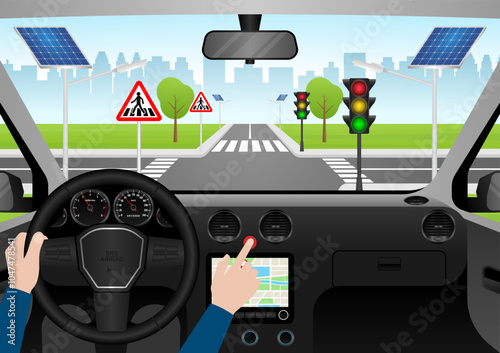 Hand Pressing Emergency Light Button in Car. Car Hazard Light Button. Vector Illustration. 