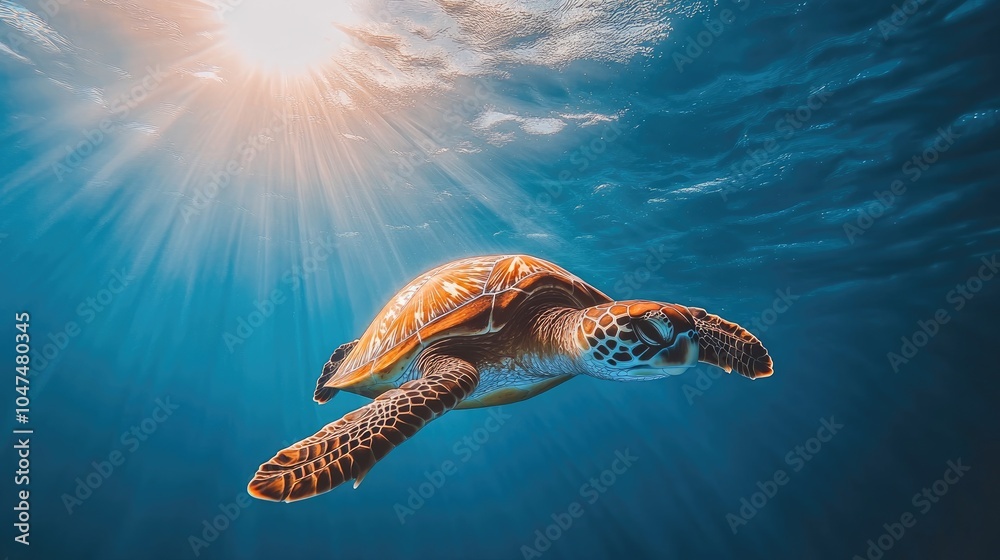 Obraz premium Majestic Turtle Swimming Under Water Rays