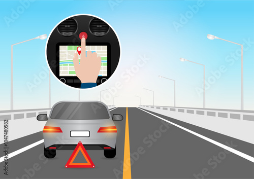 Hand Pressing Emergency Light Button in Car. Car Hazard Light Button. Vector Illustration. 