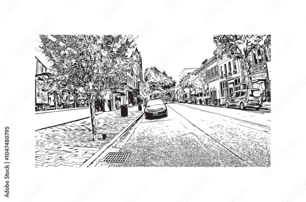 Print Building view with landmark of Sumter is the city in South Carolina. Hand drawn sketch illustration in vector.