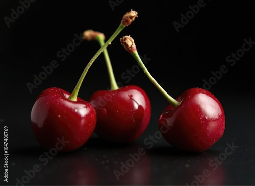 Juicy red cherries glistening under soft light, captured beautifully with a dark background in a minimalist composition