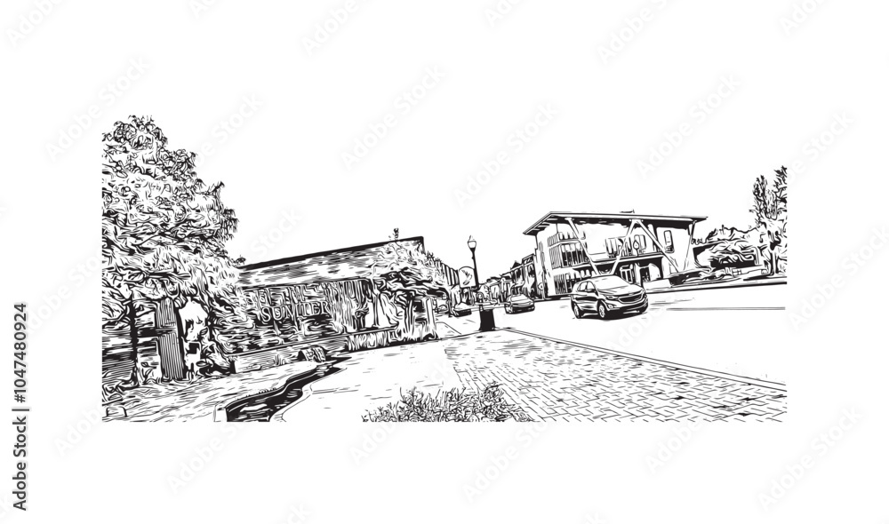 Print Building view with landmark of Sumter is the city in South Carolina. Hand drawn sketch illustration in vector.