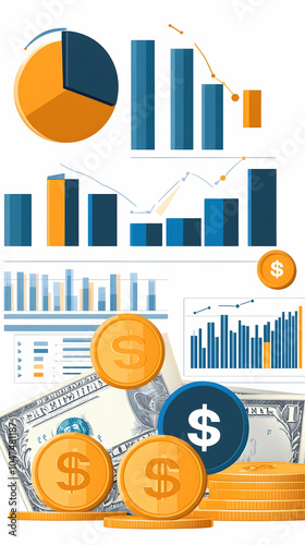 Business growth chart and coin money over dollar bill.