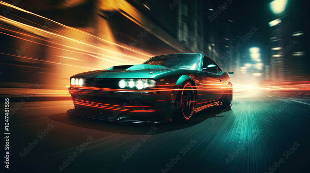 Naklejka premium Street racing scene with sport car in neon lights. Speed lines and light trails of night urban drive.