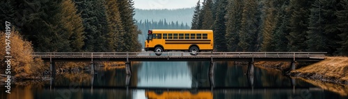 A yellow school bus crossing a wooden bridge over a calm river, with tall trees reflected in the water photo