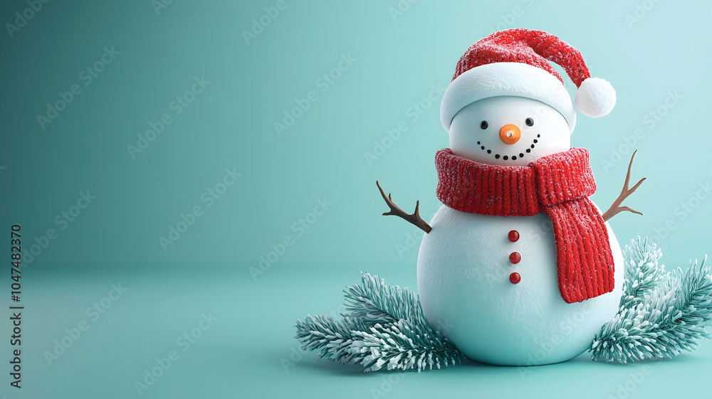 A cute little snowman with a hat and scarf against a plain background with available copy space A cute little snowman with a hat and scarf against a plain background with available copy space