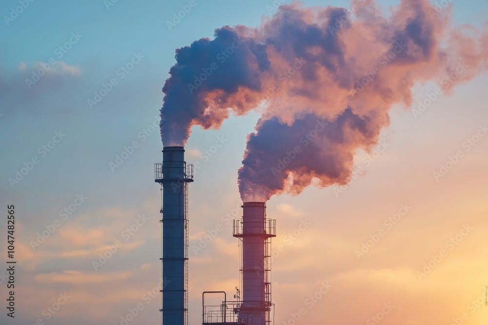 Industrial smokestacks releasing steam into the sky, environmental impact Industrial smokestacks releasing steam into the sky, environmental impact