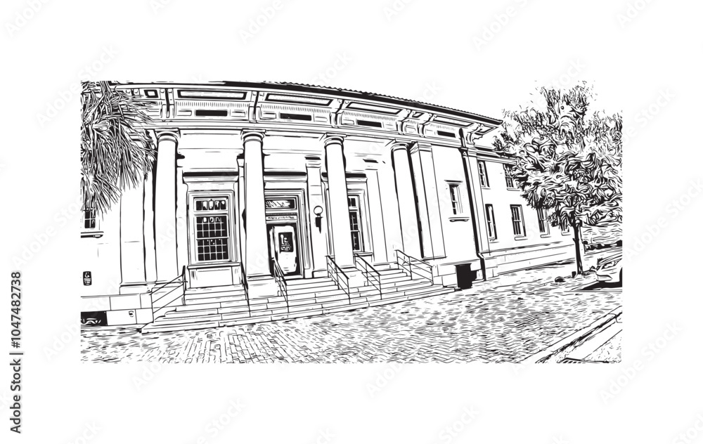 Print Building view with landmark of Sumter is the city in South Carolina. Hand drawn sketch illustration in vector.