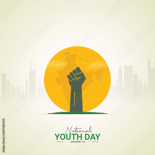 National Youth Day:  A powerful fist raised in the air, symbolizing the strength and potential of youth, set against a backdrop of a sunlit cityscape and the outline of India.