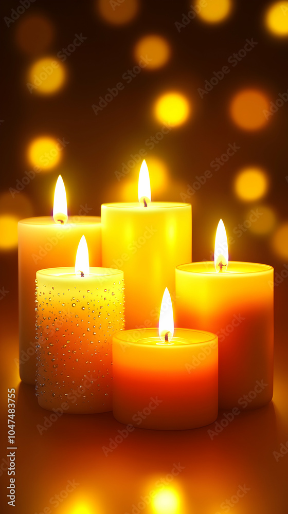 Five burning candles on a dark background with a bokeh effect. Five burning candles on a dark background with a bokeh effect.