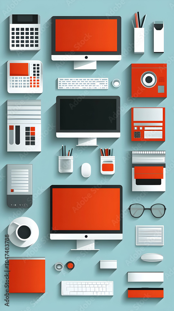 Flat design icons of office supplies and equipment. Flat design icons of office supplies and equipment.