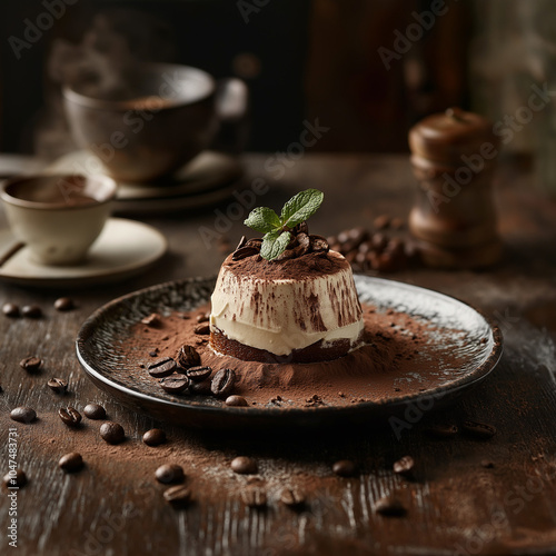 Delicious tiramisu dessert served with coffee beans on a rustic plate photo