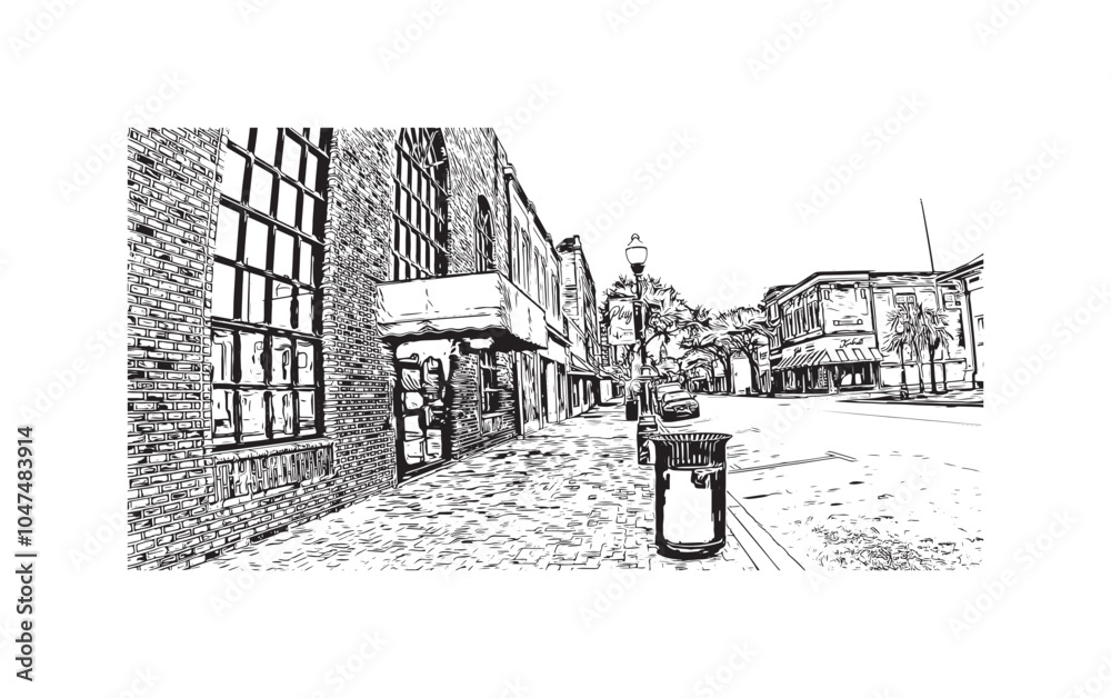 Print Building view with landmark of Sumter is the city in South Carolina. Hand drawn sketch illustration in vector.