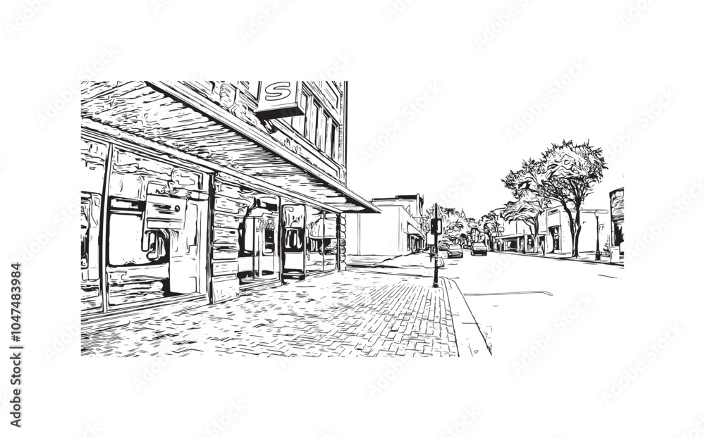 Print Building view with landmark of Sumter is the city in South Carolina. Hand drawn sketch illustration in vector.