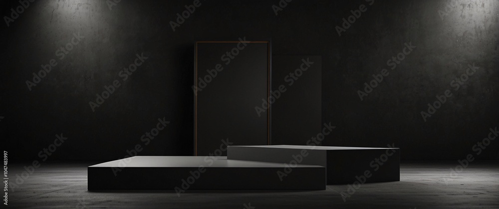 Black podium or pedestal display on dark background with long platform. Blank product shelf standing backdrop. 3D rendering, blurred background Black podium or pedestal display on dark background with long platform. Blank product shelf standing backdrop. 3D rendering, blurred background