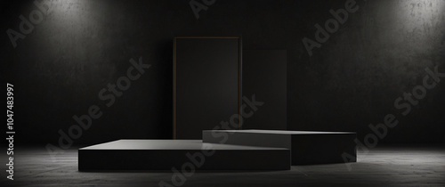 Wallpaper Mural Black podium or pedestal display on dark background with long platform. Blank product shelf standing backdrop. 3D rendering, blurred background Torontodigital.ca