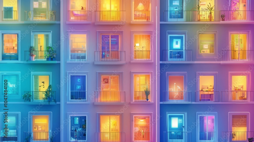 Naklejka premium Vibrant apartment facade with illuminated windows. A colorful urban scene showcasing diverse interiors and cozy atmospheres.