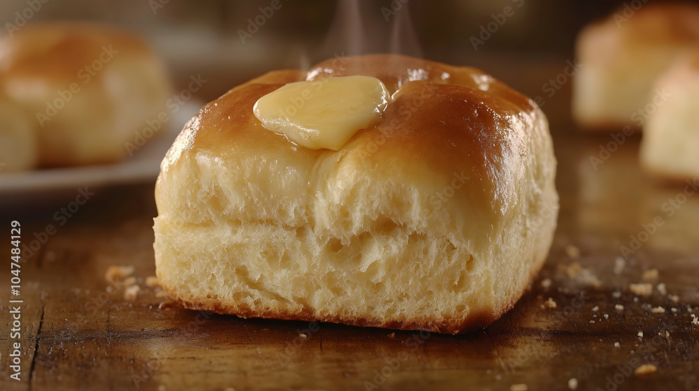 Freshly baked bread roll with melted butter, steaming. Freshly baked bread roll with melted butter, steaming.