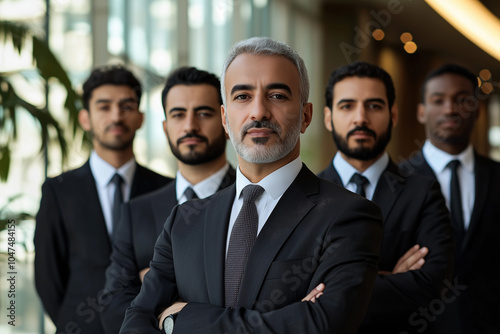 group of businessmen of different ages and nationalities, all wearing classic black suits with ties 