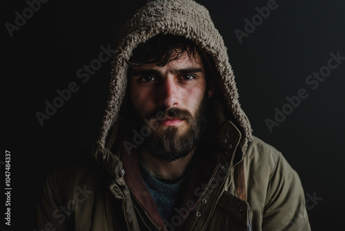 homeless man with a beard in an old jacket 