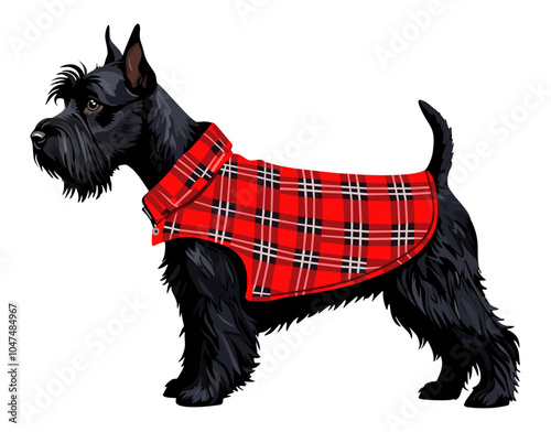 Scotch terrier in red plaid coat. Cute pet. Vector isolated illustration