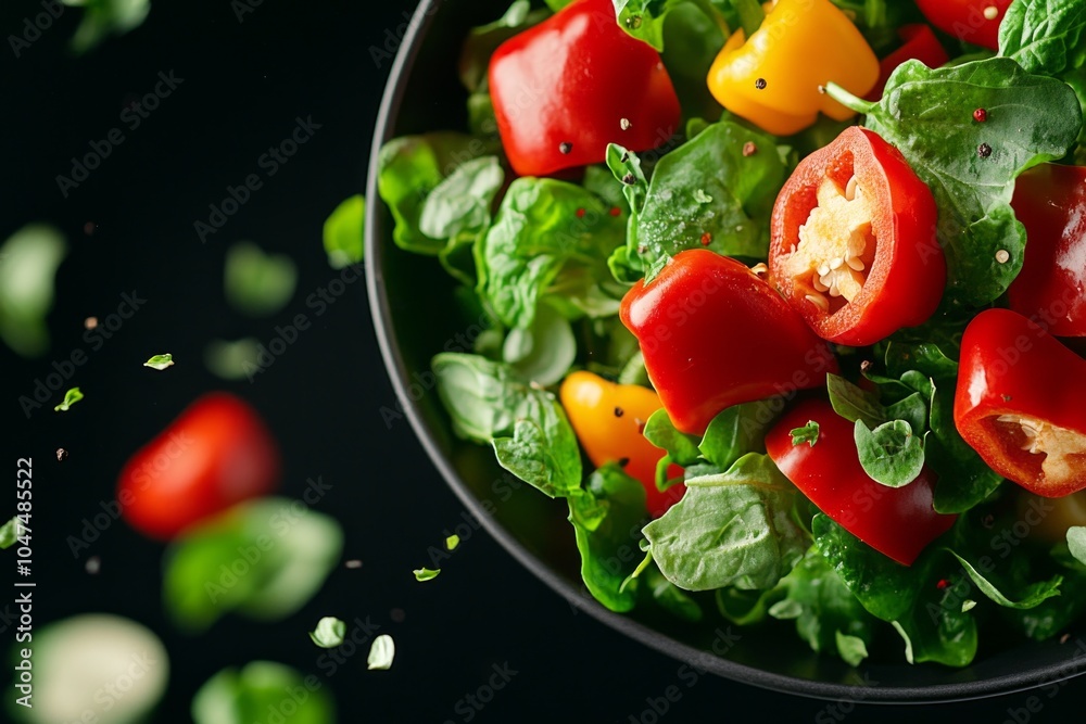 Colorful peppers and fresh greens tossed in the air for a vibrant salad preparation Colorful peppers and fresh greens tossed in the air for a vibrant salad preparation
