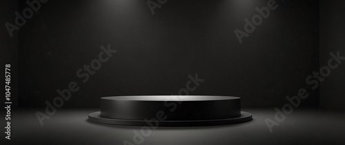 Black podium or pedestal display on dark background with long platform. Blank product shelf standing backdrop. 3D rendering, blurred background