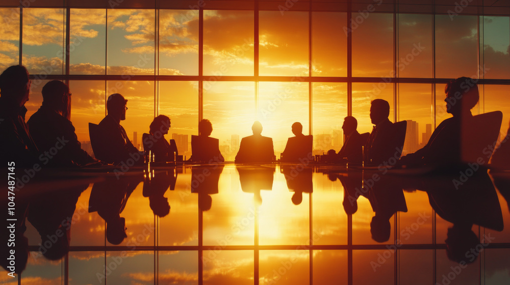 The meeting hall is illuminated by the rays of the setting sun. Colleagues are holding a meeting The meeting hall is illuminated by the rays of the setting sun. Colleagues are holding a meeting