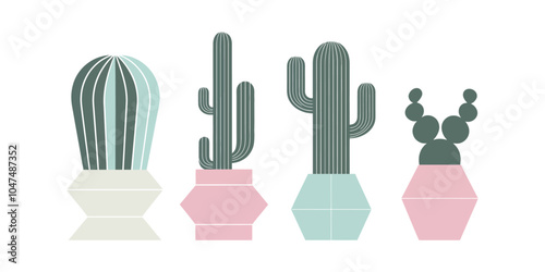 A stylish, minimalist illustration of various cacti placed in pastel-colored geometric pots - Vector Illustration