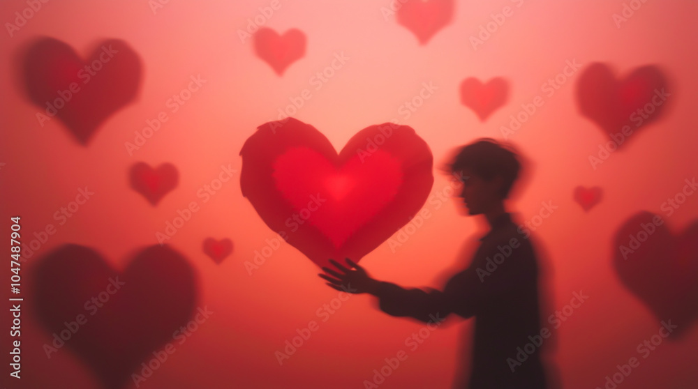 Blurred silhouette of a guy in love holding a heart against a background of blurred red and pink tones Blurred silhouette of a guy in love holding a heart against a background of blurred red and pink tones