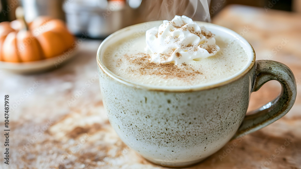 Steaming cup of pumpkin spice latte topped with whipped cream and cinnamon. Steaming cup of pumpkin spice latte topped with whipped cream and cinnamon.
