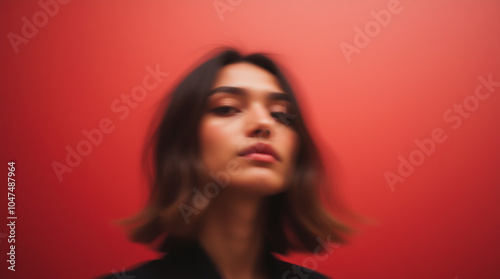 Portrait of a young woman in soft focus on an abstract background of red and pink shades
