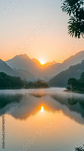 Sunrise over a still lake with mountains in the background.