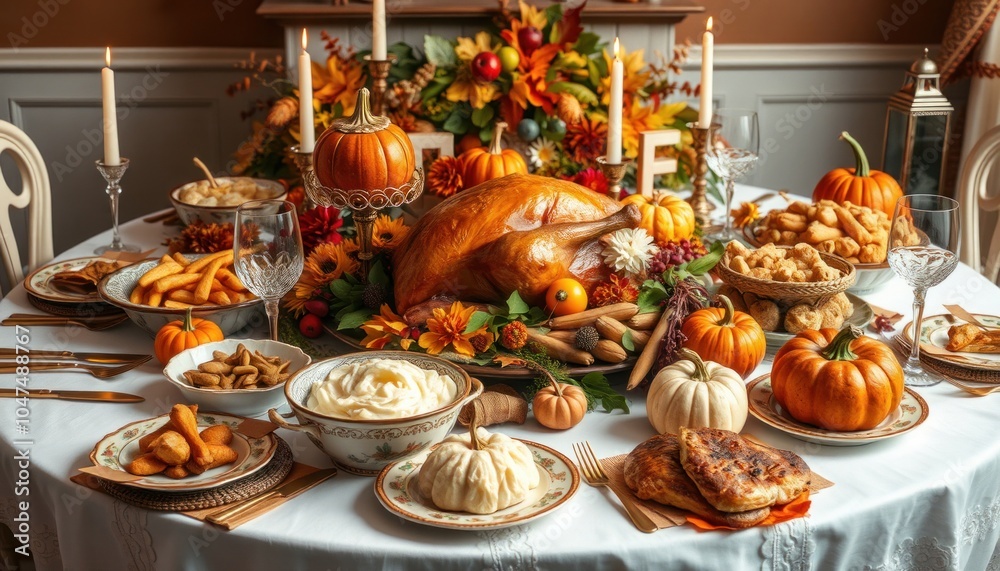 Festive thanksgiving feast with pumpkins and turkey Festive thanksgiving feast with pumpkins and turkey