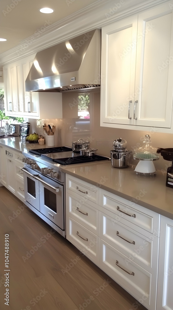 White kitchen cabinets with stainless steel appliances and a brown countertop. White kitchen cabinets with stainless steel appliances and a brown countertop.