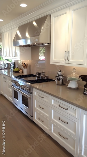 White kitchen cabinets with stainless steel appliances and a brown countertop.