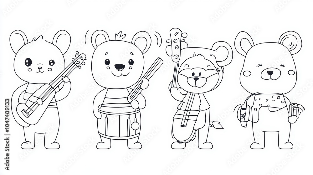Cute cartoon animals playing musical instruments in a whimsical band performance during a sunny afternoon Cute cartoon animals playing musical instruments in a whimsical band performance during a sunny afternoon