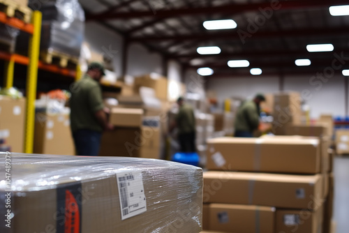 Wooden pallet full of cardboard carton paper boxes packages against workers working in industrial warehouse storage areas in background, import and export. Distribution and logistics concept.