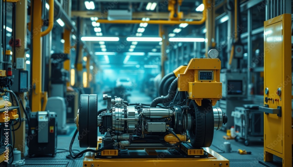 High-tech engine in modern factory setting High-tech engine in modern factory setting