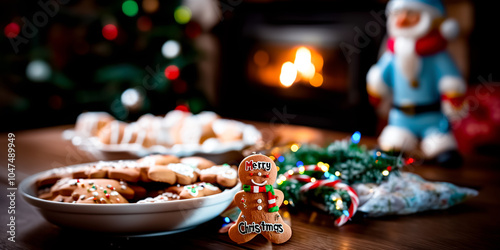 Christmas gingerbread cookies on a wooden table in front of a fireplace. Christmas concept. New Year and Christmas greeting card template with copy space.