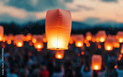 Crowd releasing lanterns into the sky, glowing brightly, Festival of Lights celebration photo